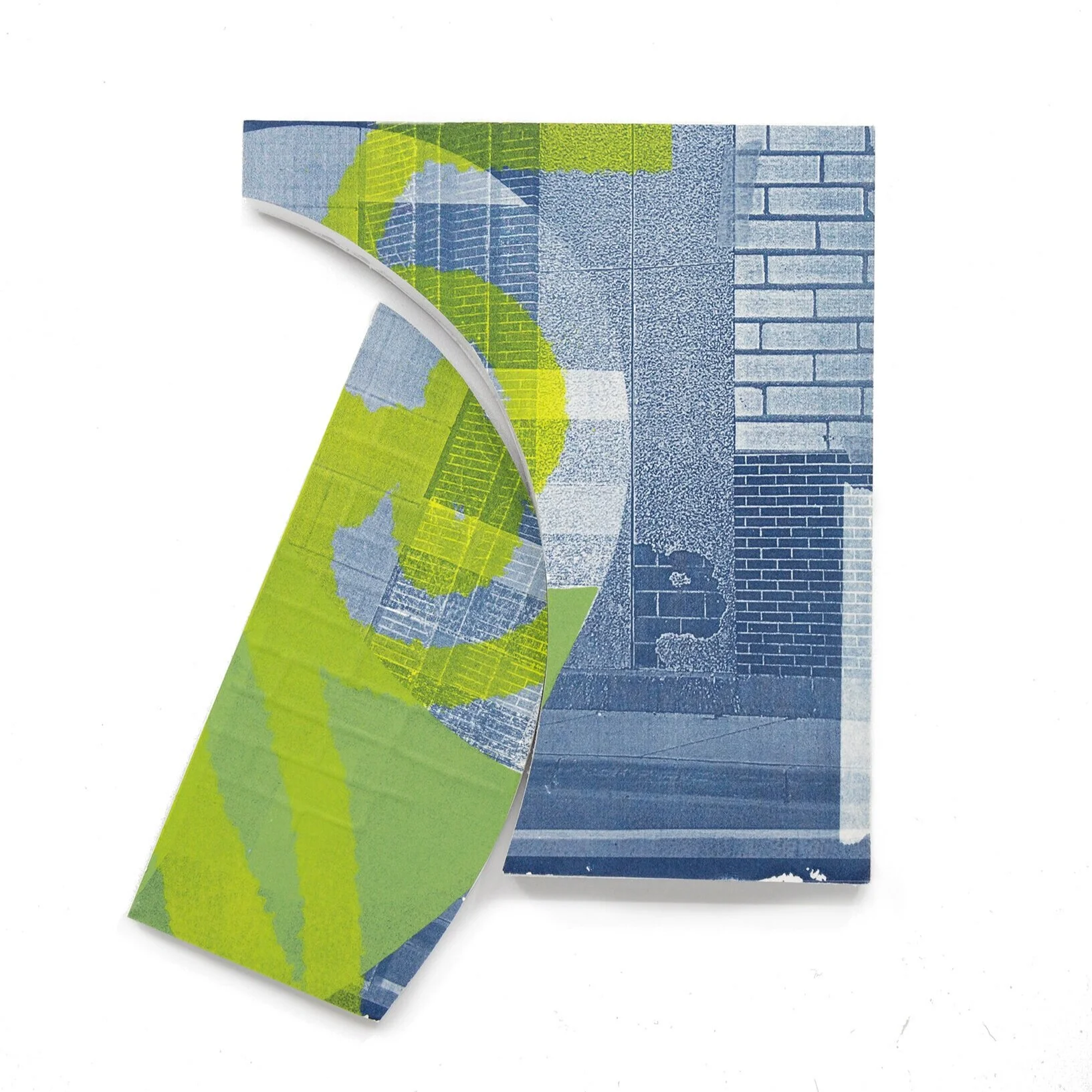 throwing a short glance in the sliver between the wobbly edges of brown paper sheets, Embossed screenprint on cyanotype 9 x 7” 2019