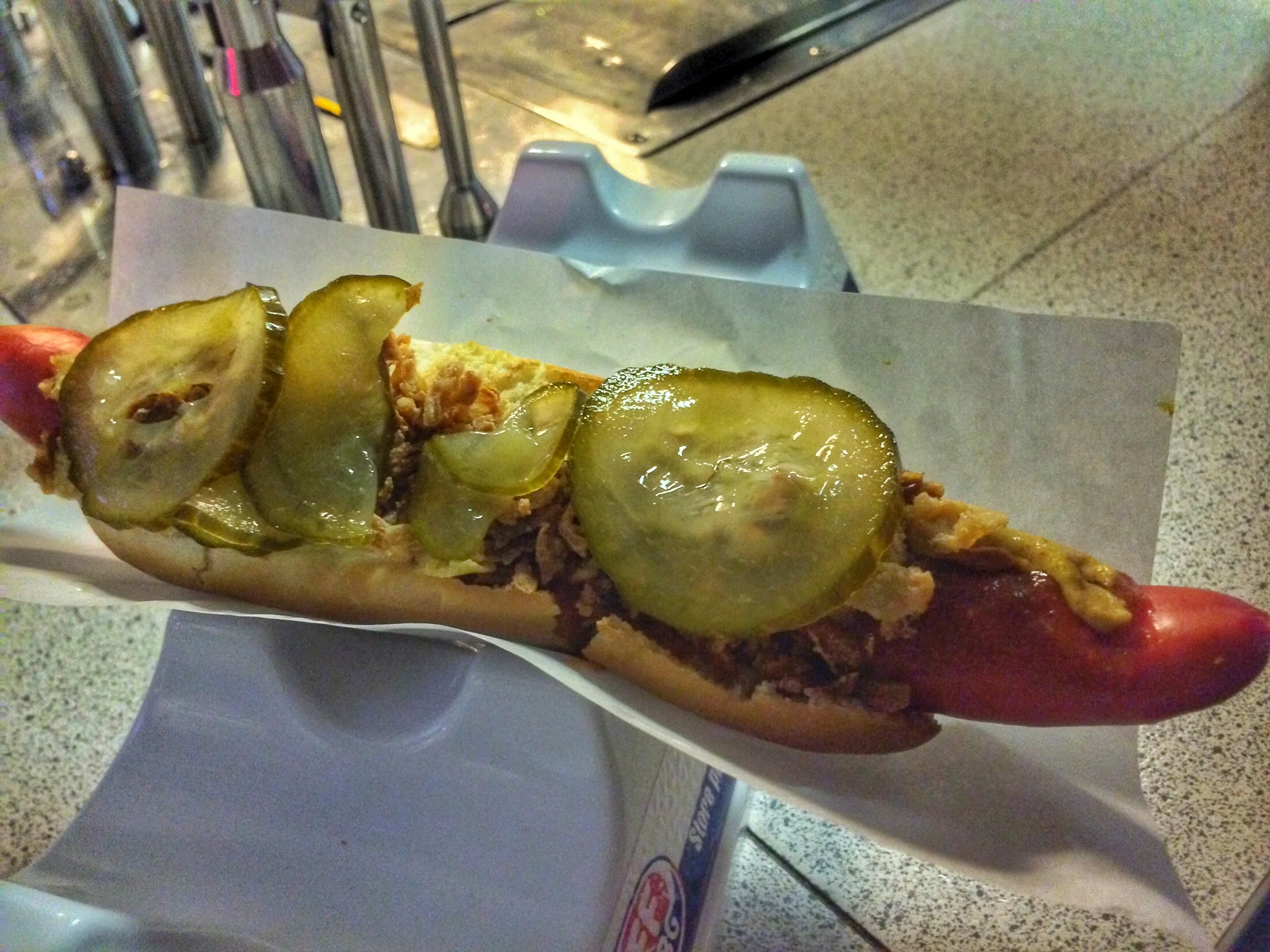 The traditional dog you need to get - frankfurter, mustard, crispy onions and pickled cucumber (not to be confused with actual pickles)