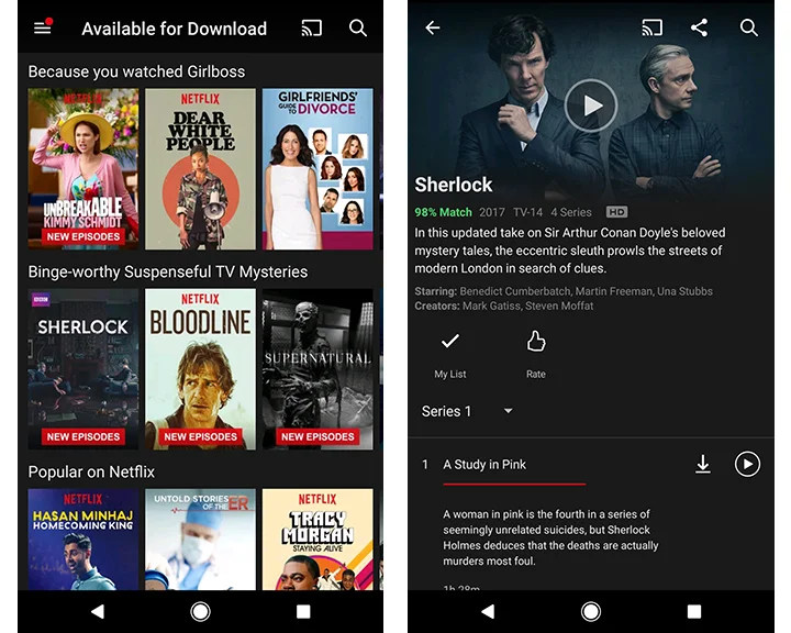 TOP LEFT: Your Netflix home screen on your device TOP RIGHT: Your app menu which is where you can find what is "Available to download" as well as a link to your downloads on your device (can be found via the hamburger menu at the top left of your screen) BOTTOM LEFT: Once you've clicked on "Available to download" from your menu everything current will be listed out BOTTOM RIGHT: After you choose and click on a show or movie to download on that item's page you will see a download arrow button. Once you click on this the item will begin downloading and once finished will appear in the "My Downloads" section TIP TO NOTE: Movies will have the download button towards the middle of the screen next to the "rate" icon. TV shows will have the download button next to each episode - you cannot download an entire series or season at once. 