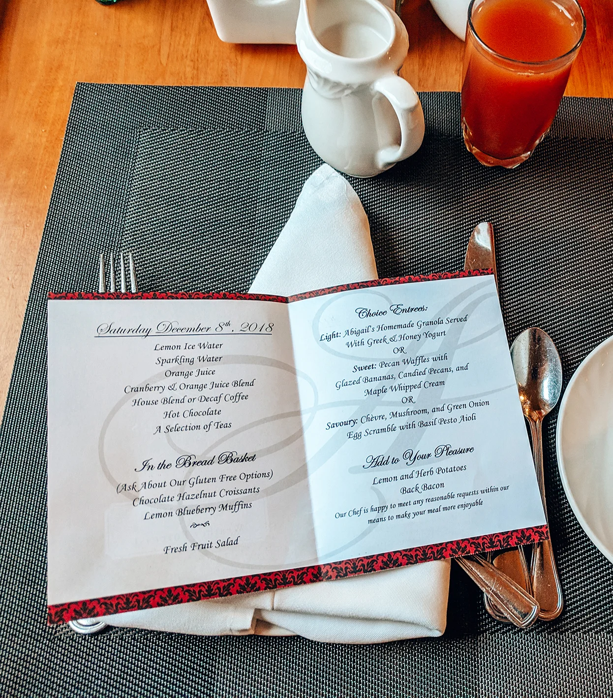 The menu for the 1st morning