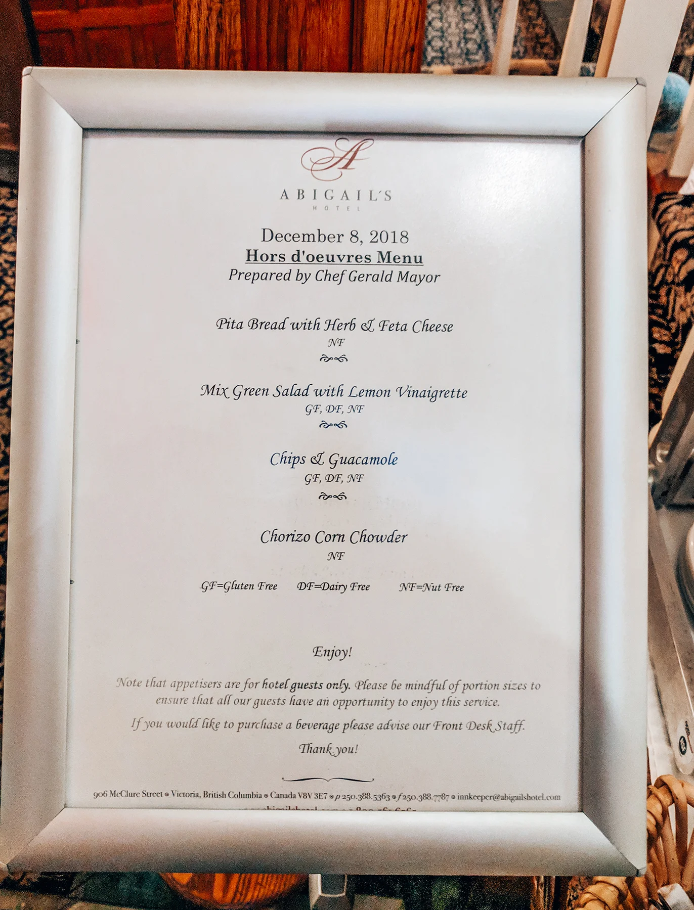 Menu for the 2nd night appetizers