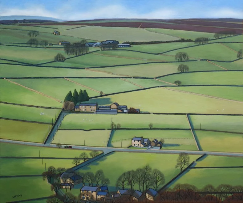 Green fields dotted with farms, outbuildings and trees, and highlighted by a low winter sun.