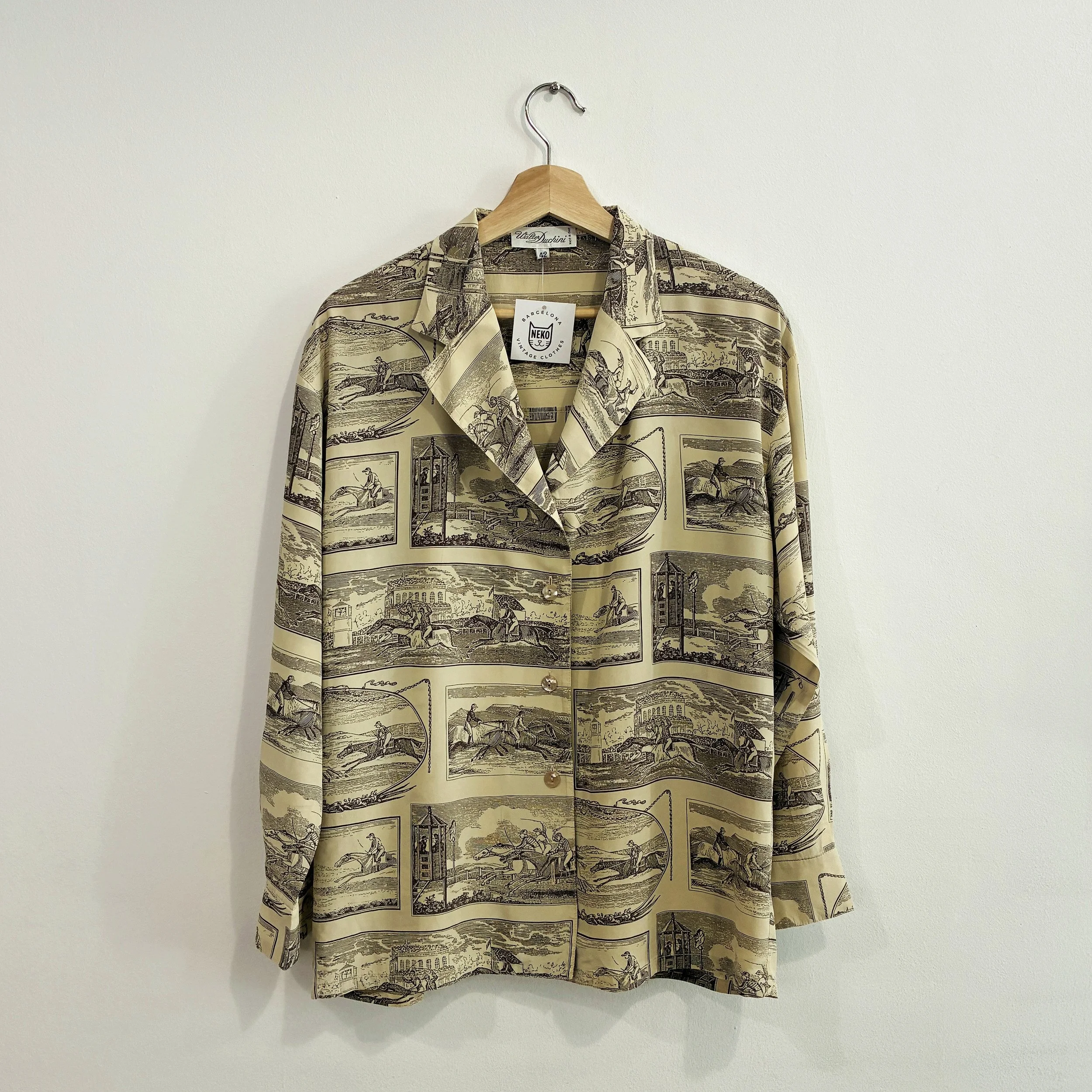 Camisa vintage seda "Caballos", talla 40 oversized