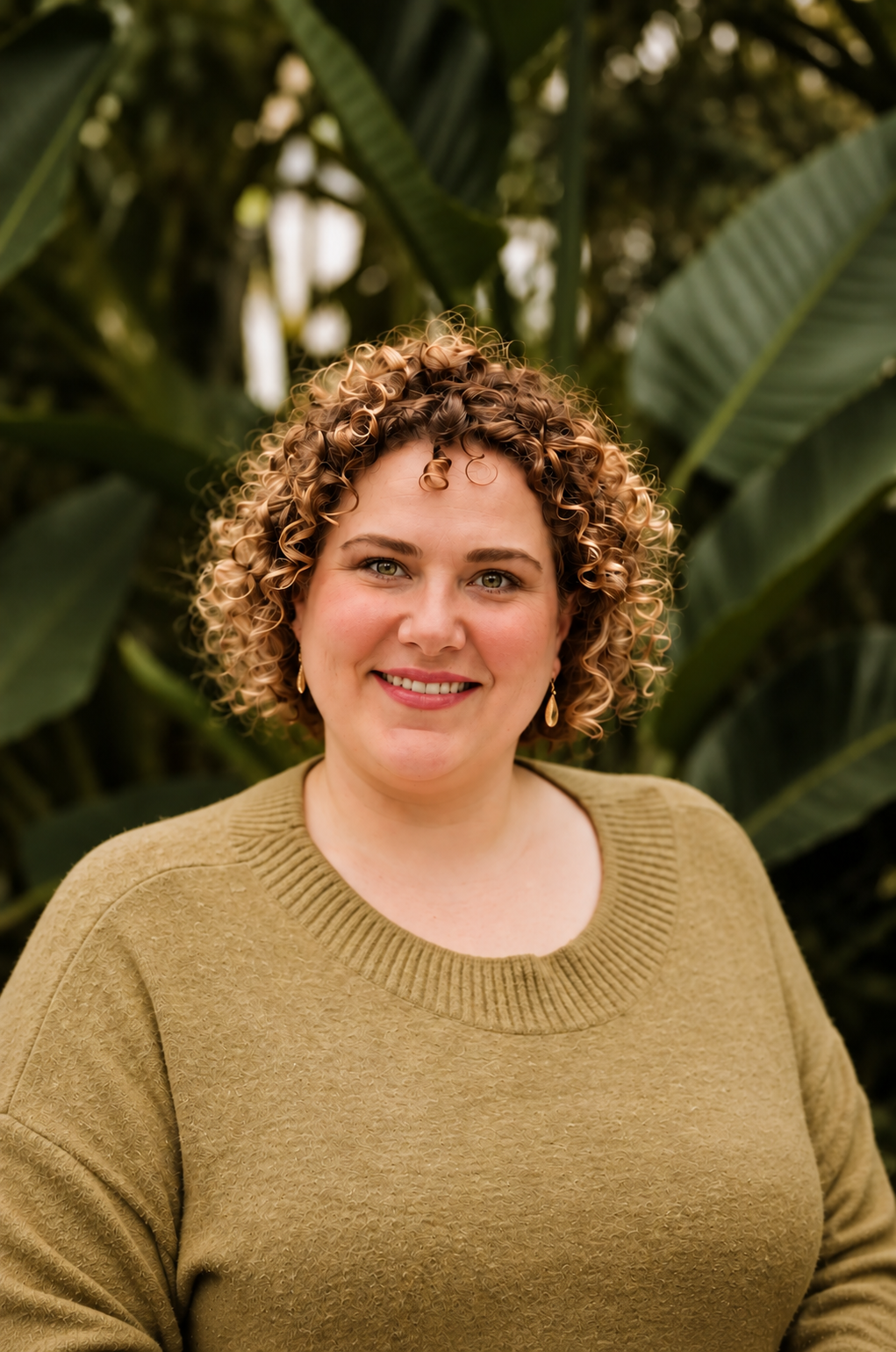 A woman with short, curly blonde hair wearing a tan sweater and earrings, standing in front of green foliage.
