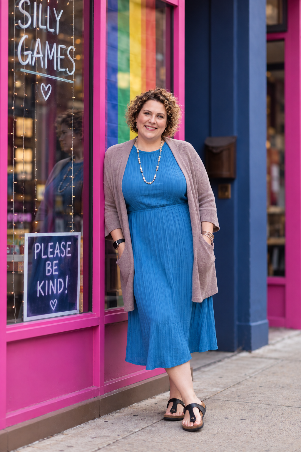 A woman with curly hair standing outside a store with pink framing and a rainbow flag in the window, smiling at the camera.