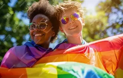 Two smiling women holding a rainbow flag outdoors, with trees and sunlight in the background.