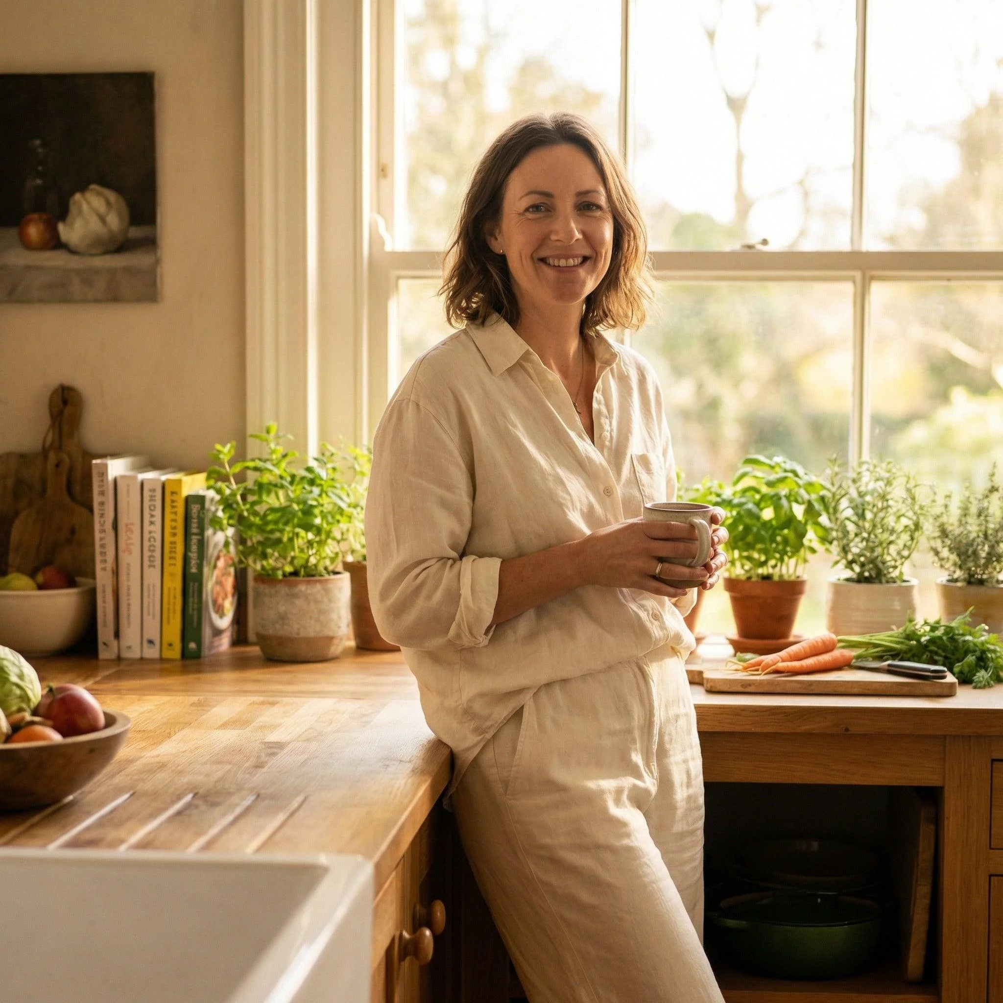 A woman with shoulder-length brown hair smiling while holding a mug in a sunlit kitchen. She is wearing a light-colored shirt, standing by a wooden countertop with vegetables and books nearby. Large windows with natural light in the background.