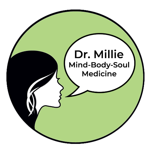Logo featuring a side profile of a woman with black hair, a speech bubble stating "Dr. Millie, Mind-Body-Soul Medicine," against a green background.