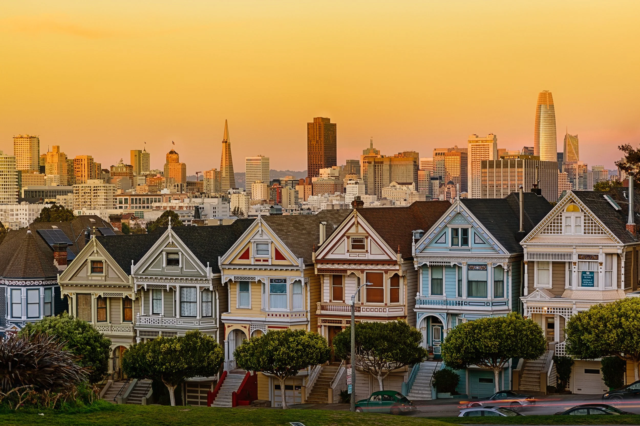 Painted Ladies at Golden Hour

 

 The Painted Ladies stand along Steiner Street across from Alamo Square in San Francisco. The row of Victorian homes is among the city’s best-known residential landmarks and is often associated with Postcard Row. 