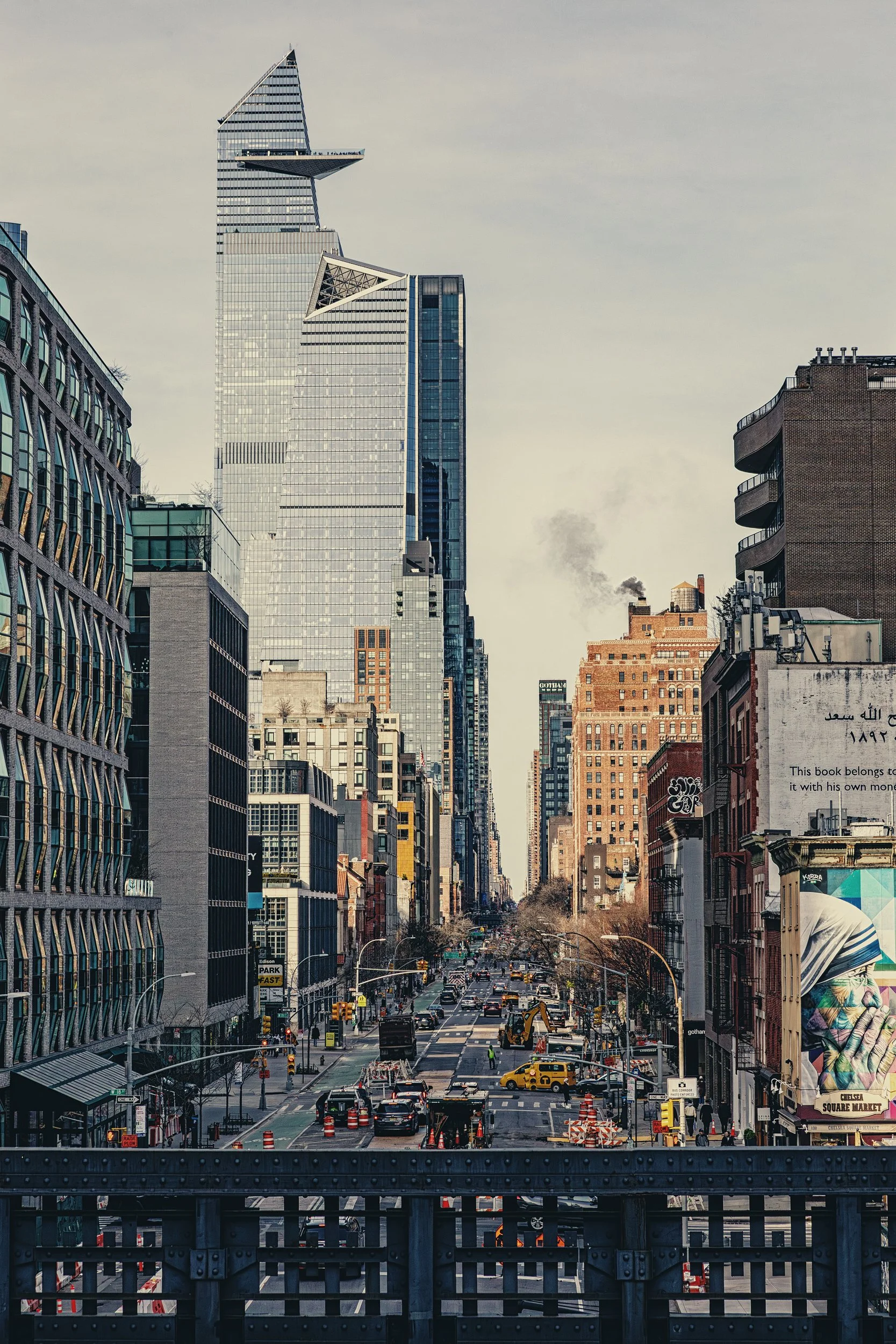 Tenth Avenue from the High Line

 

 Tenth Avenue is seen from the High Line Observation Deck at West 17th Street in Manhattan. The view includes Chelsea street activity, surrounding buildings, and the Hudson Yards skyline to the north. 