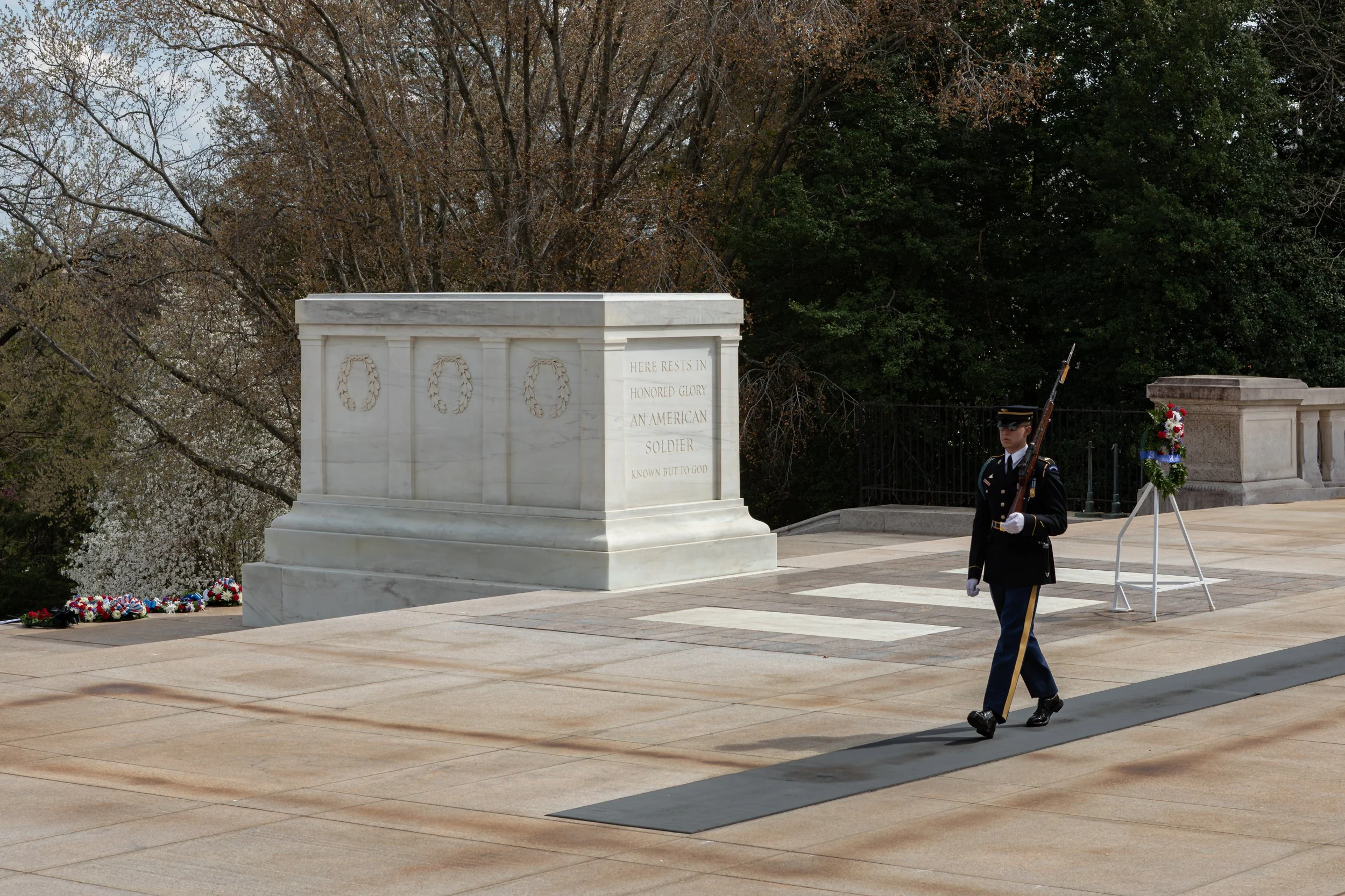 Tomb of the Unknown Soldier

 

 A sentinel walks near the Tomb of the Unknown Soldier at Arlington National Cemetery in Virginia. The memorial honors unidentified U.S. service members and remains one of the cemetery’s most visited sites of remembran