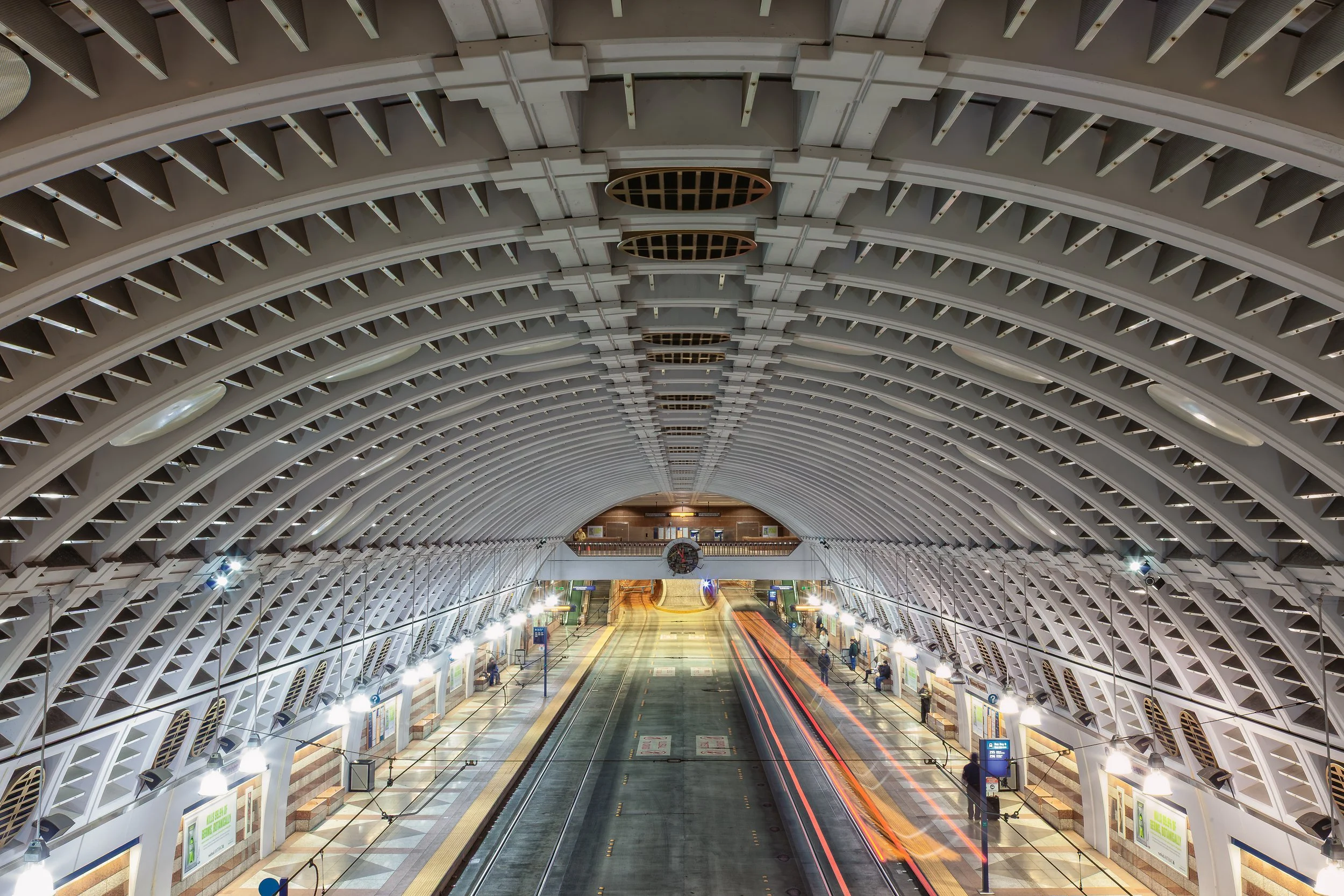 Transit Lines

 

 Beacon Hill Station in Seattle shows its arched transit hall, platform area, and light rail movement recorded through a long exposure. 