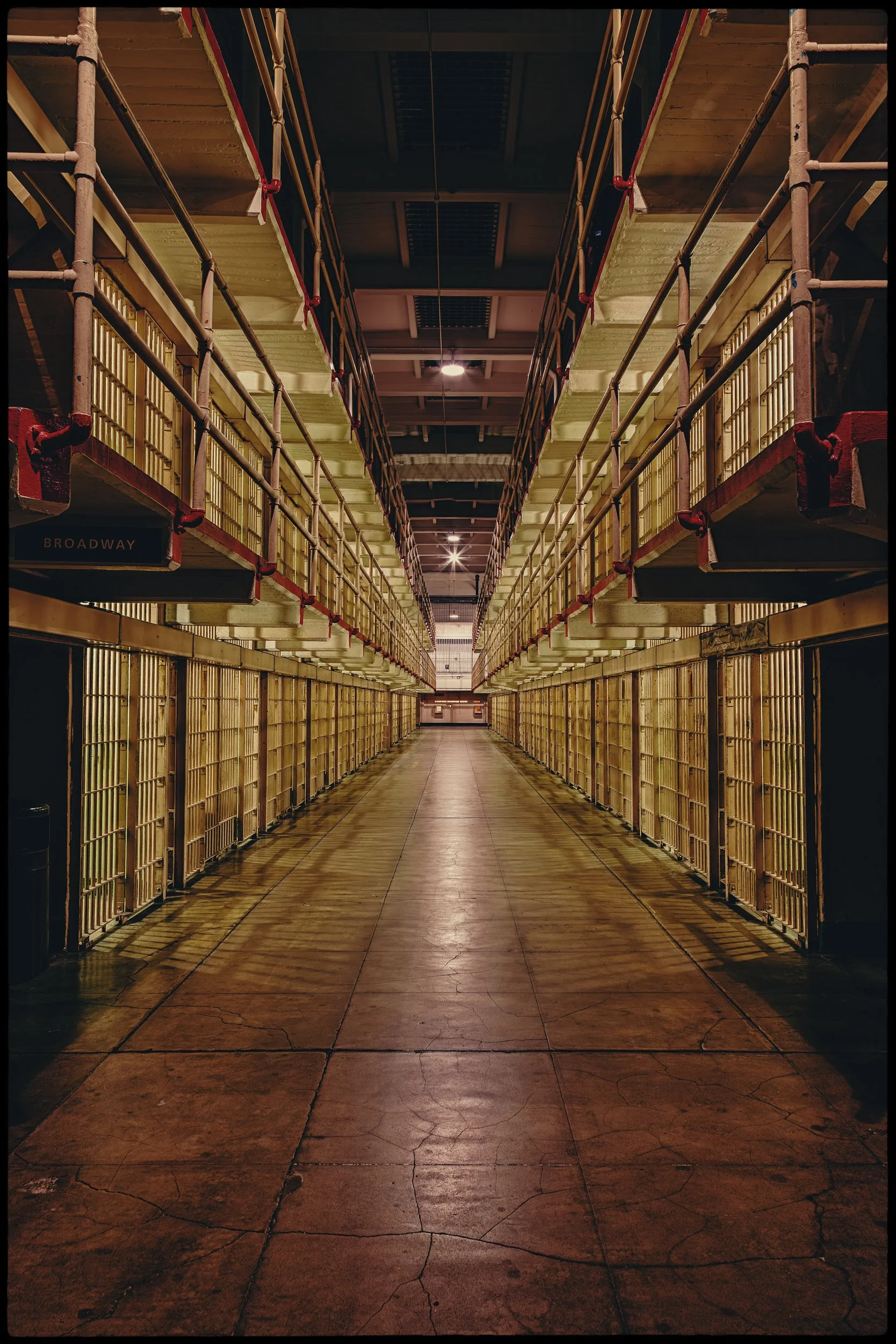 Broadway Cell Block

 

 This corridor is part of the Broadway cell block inside Alcatraz Federal Penitentiary on Alcatraz Island in San Francisco Bay. The prison operated as a federal penitentiary from 1934 to 1963 and remains one of the region’s be