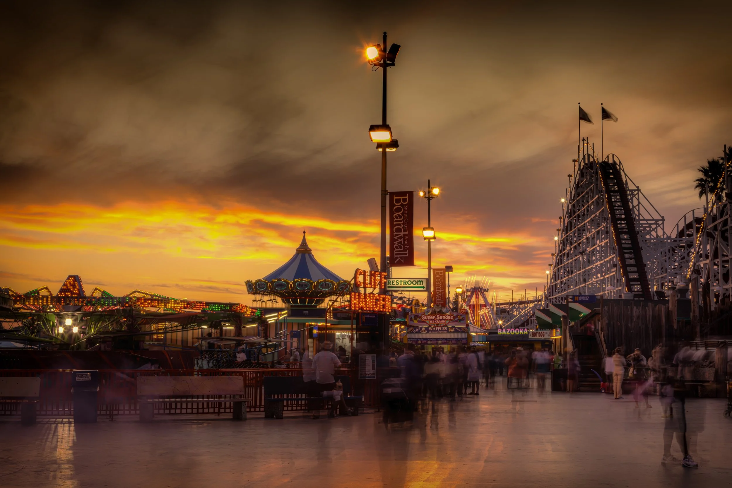 Boardwalk Afterglow

 

 The Santa Cruz Beach Boardwalk is a historic seaside amusement park on the California coast. Opened in 1907, it remains one of the best-known boardwalk amusement parks in the United States. 
