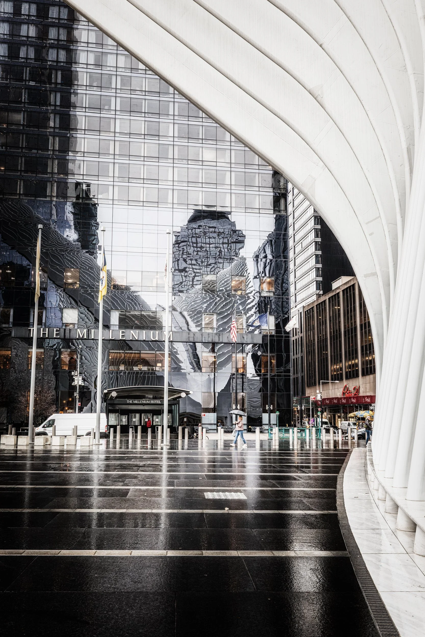 Oculus Reflections at The Millennium

 

 The white ribs of the Oculus stand beside reflective glass architecture near The Millennium in Lower Manhattan. The World Trade Center area combines transit infrastructure, hotels, office towers, memorial spa
