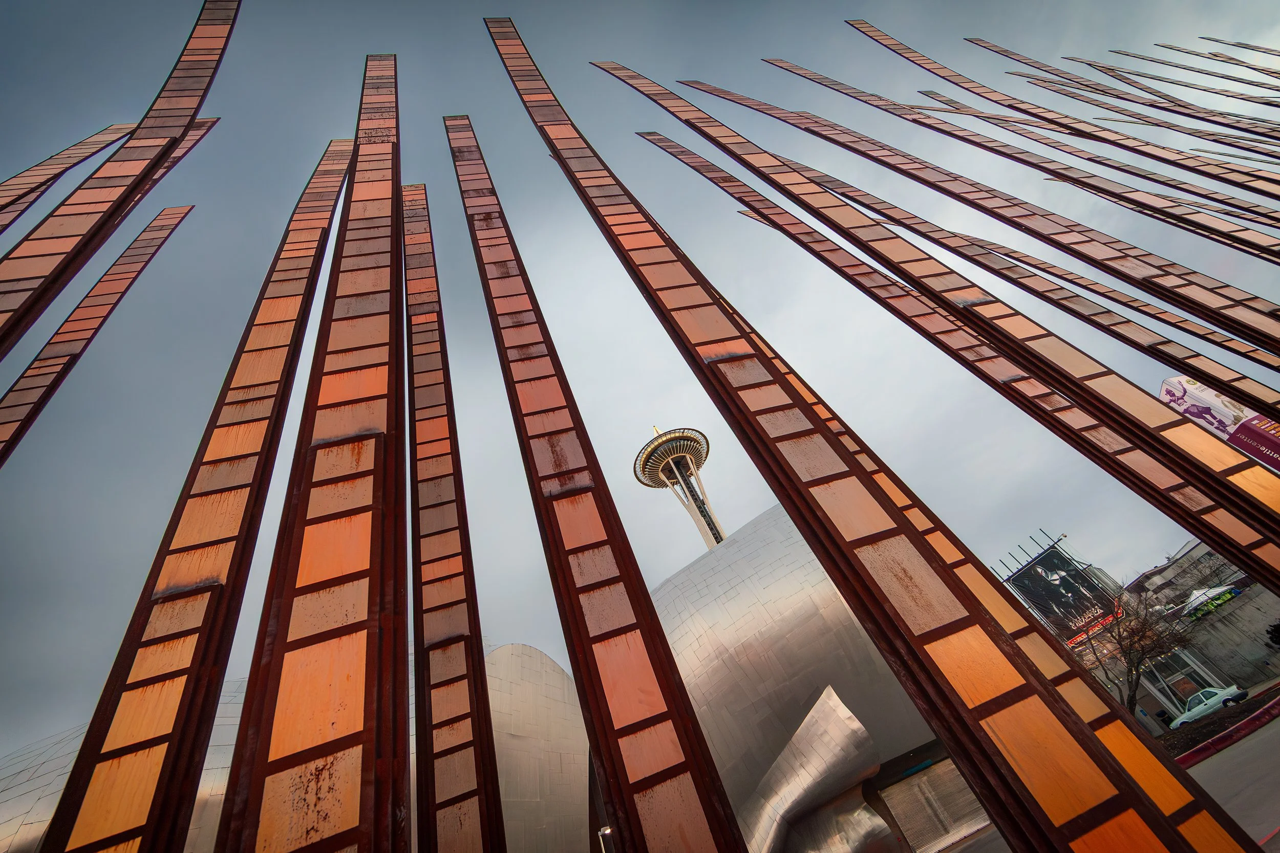 Grass Blades and the Needle

 

 John Fleming’s Grass Blades sculpture stands at Seattle Center, where the blade-like forms share the site with the Space Needle and nearby museum architecture. 