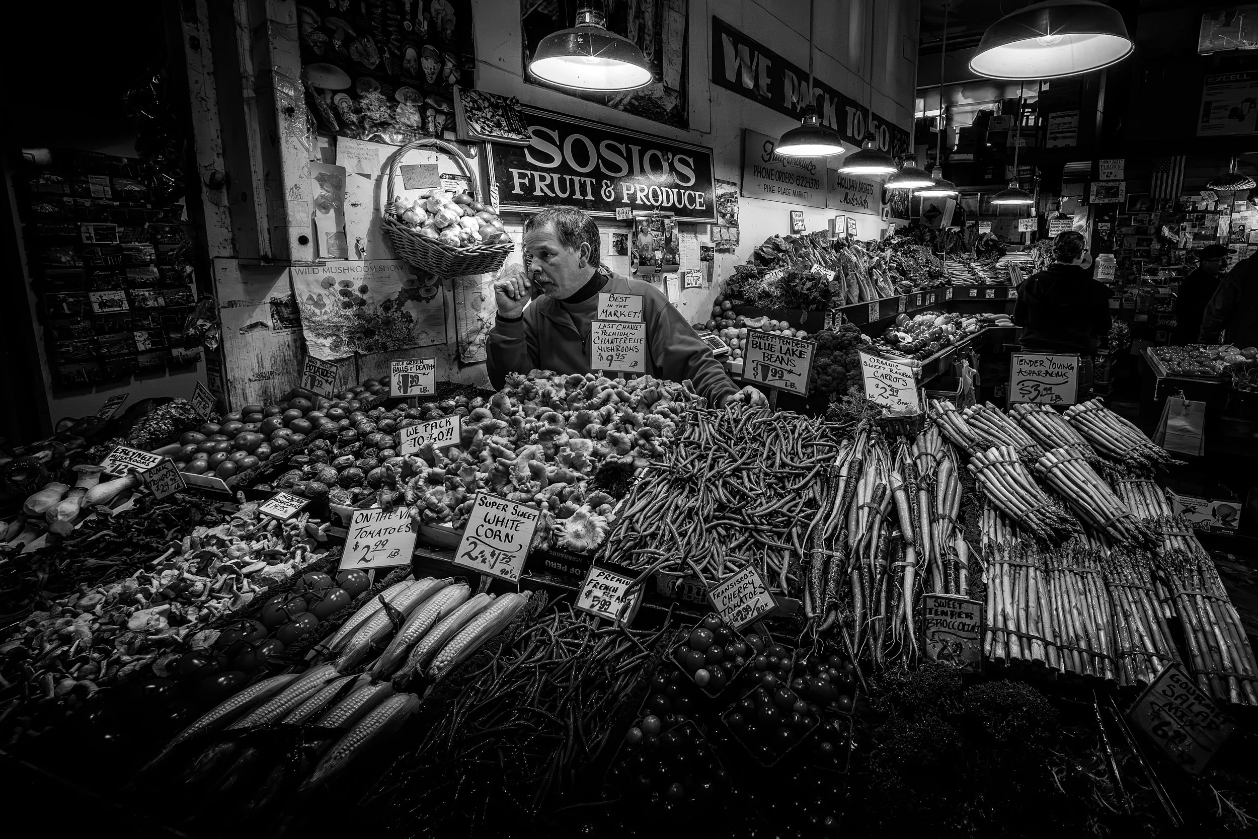Sosio's Fruit & Produce

 

 Sosio's Fruit & Produce sits inside Pike Place Market surrounded by stacked vegetables, handwritten price signs, and market activity. The stand reflects the working character of Seattle's historic public market. 