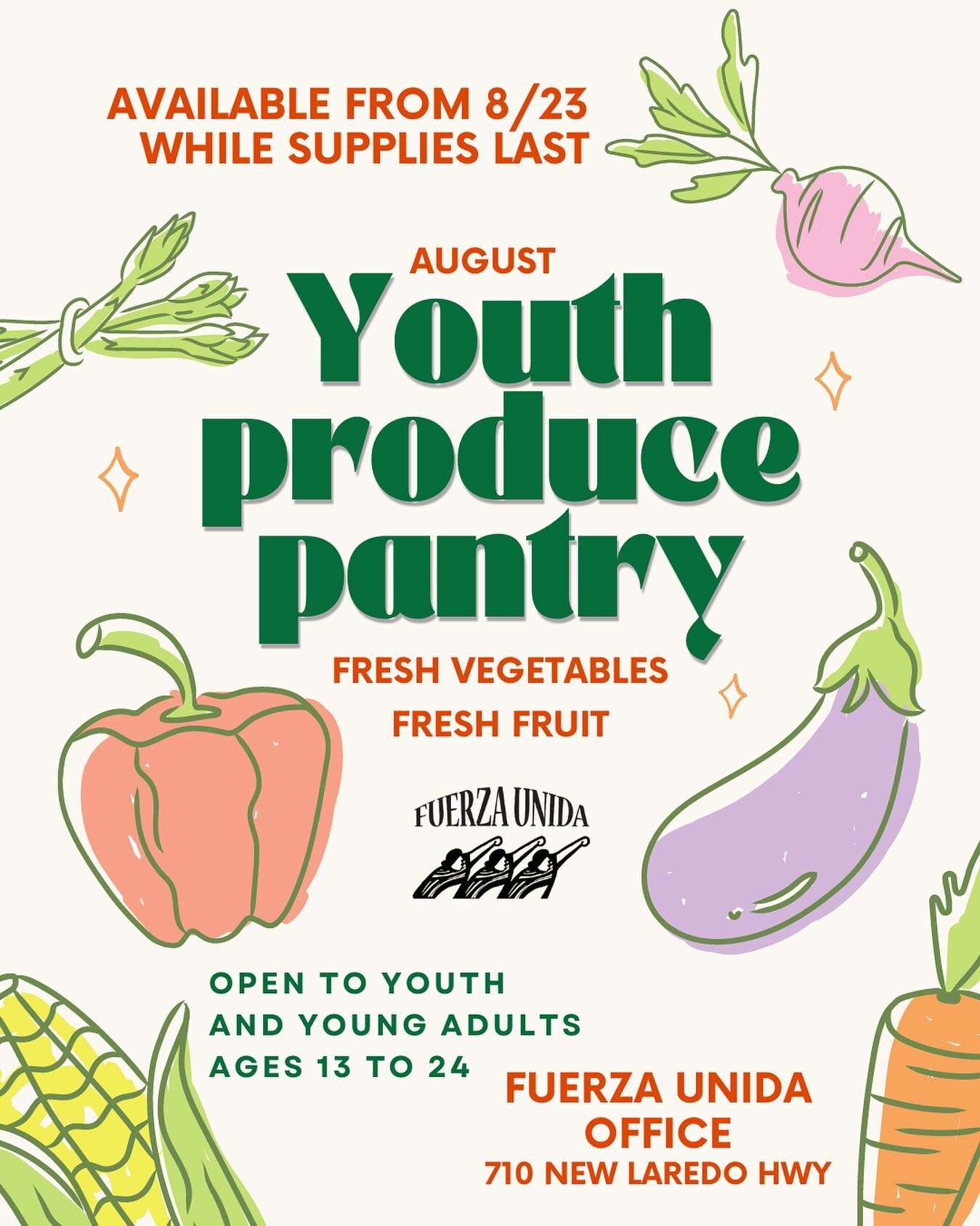 Are you between the ages of 13 and 24? Stop by the Fuerza Unida office during normal business hours to pick up a bag of fresh produce! Available now through the rest of the week while supplies last.
Anyone can get a bag, just sign in when you get her