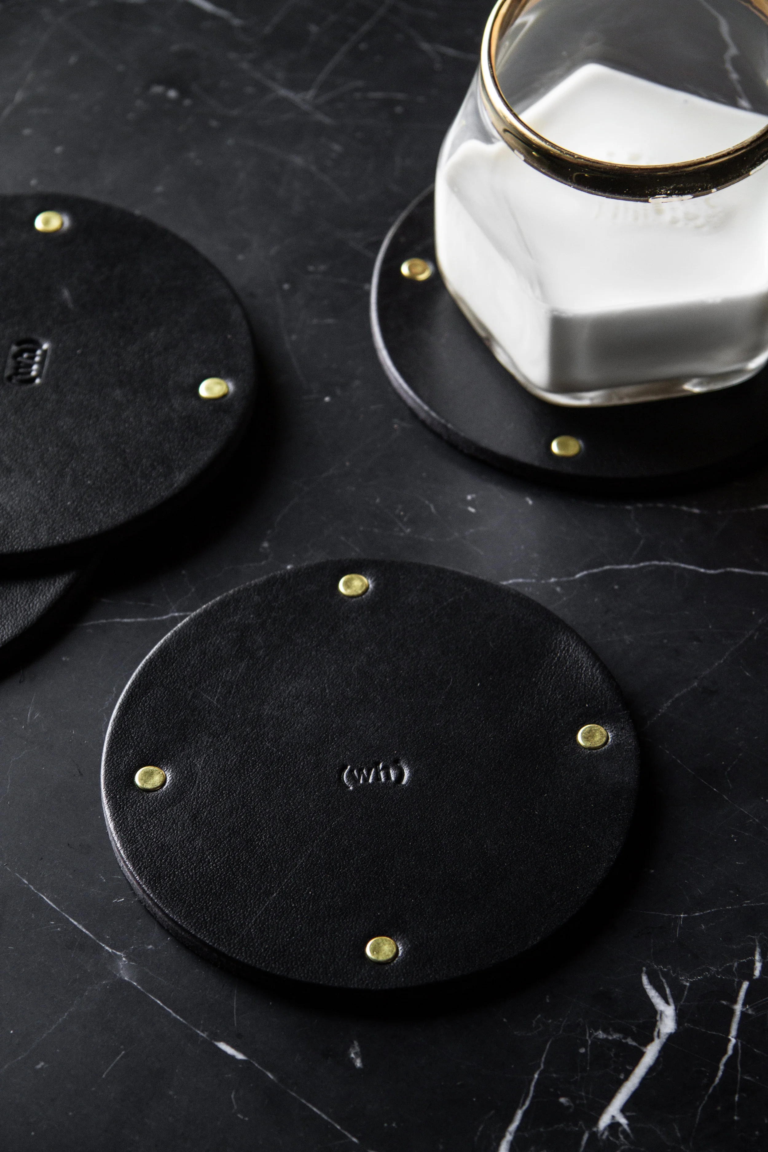 Black Leather Coaster with Brass Holder
