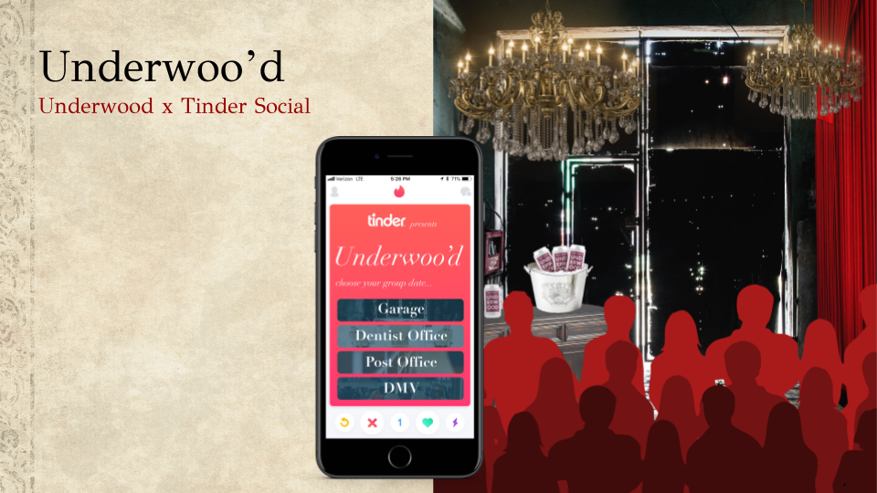 Underwood partners with Tinder Social to create a unique pub craw, for which traditionally unromantic locations — a post office, DMV, mechanic shop, Doctor’s waiting room — are decked out with the luxurious look and feel of a top class lounge.