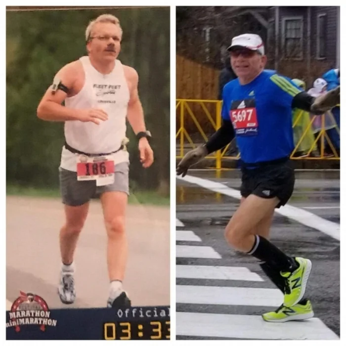 Left: Dean’s first marathon at age 50. (Kentucky Derby Festival Marathon, 2008) Right: Dean’s most recent marathon at the age of 60. (Boston Marathon, 2018)