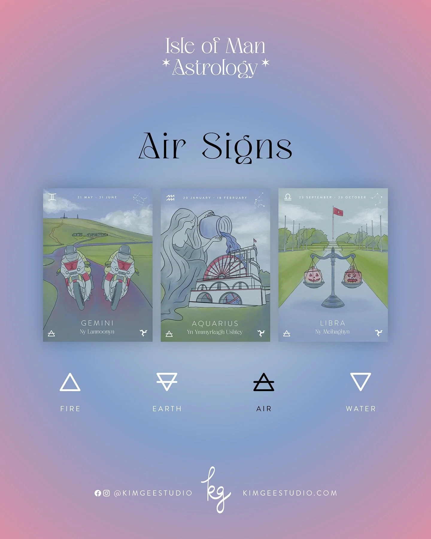 Meet the Isle of Man Astrology air signs! 🌬️ They&rsquo;re intellectual, witty, social butterflies who may be slightly indecisive, but will be sure to consider every possibility.

There were some real pleasing coincidences in creating these illustra