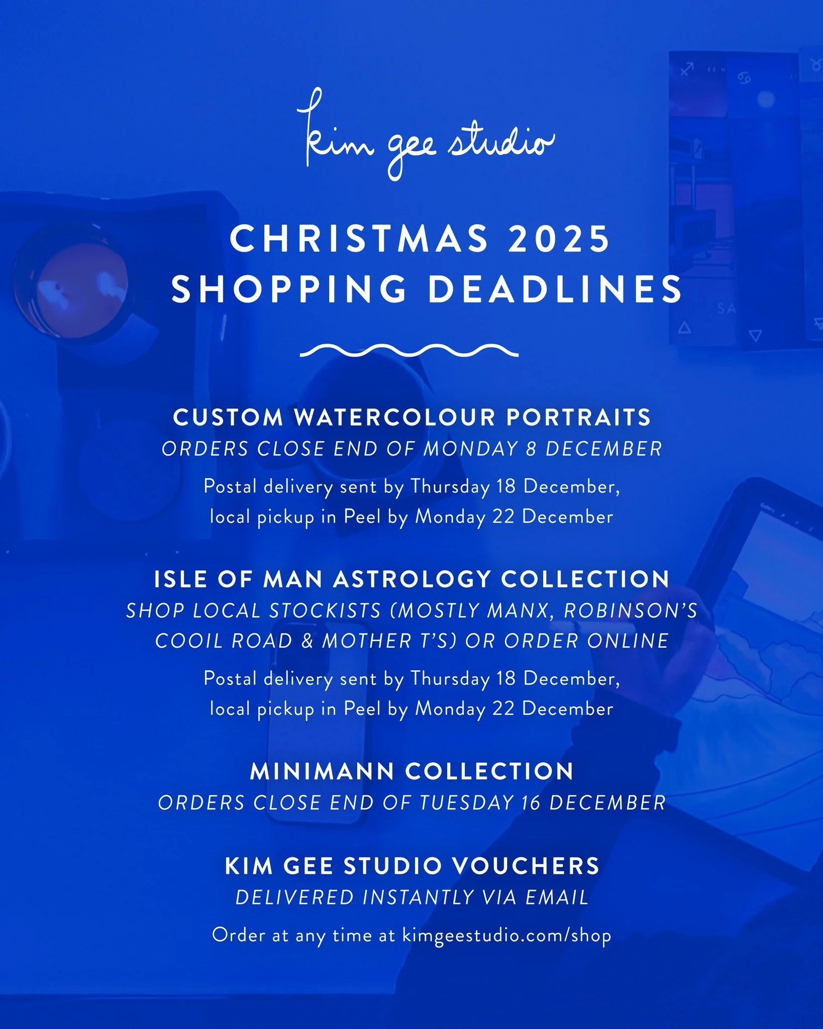 Christmas deadlines are fast approaching at kimgeestudio.com/shop, so don&rsquo;t wait if you were looking for a creative gift this year!

🎨 Custom watercolour portraits: orders close end of Monday 8 December (just four days away!)

🌌 Isle of Man A