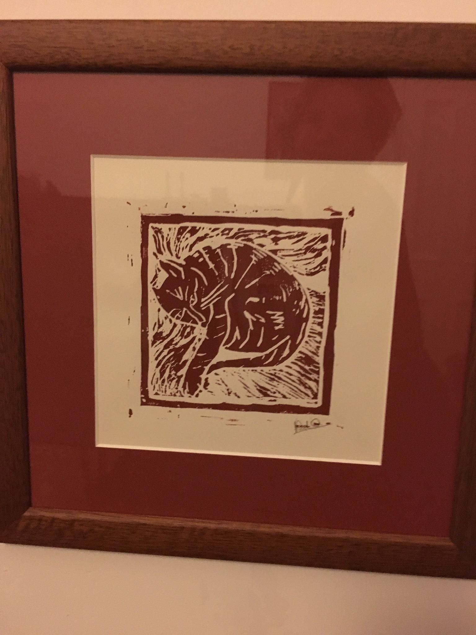 A lino cut Nicola made of her cat (2017s festive card)