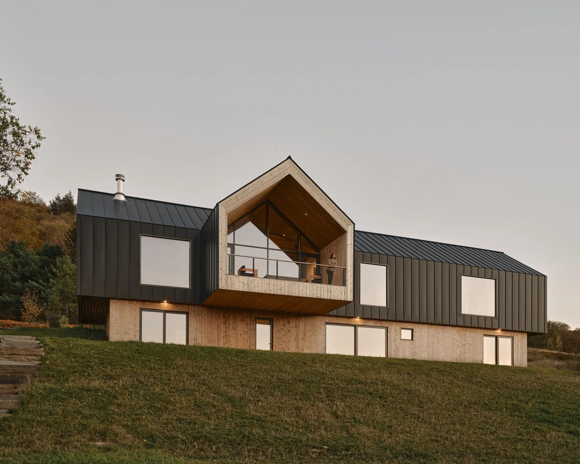 Modern house with black metal exterior, large wooden balcony, and unique roof design, situated on a grassy hill with trees in the background at sunset.