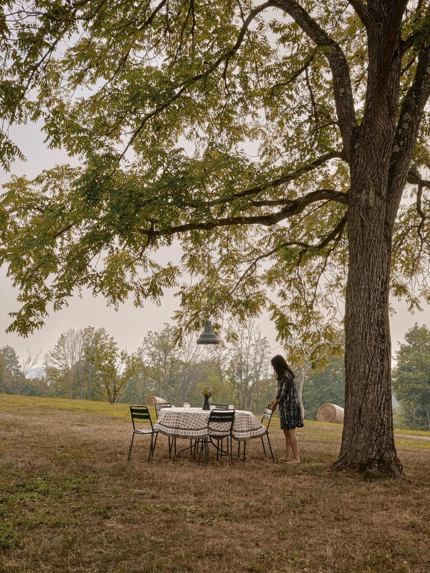 A woman setting a table outdoors under a large tree in a field with hay bales, with a cloudy sky above.