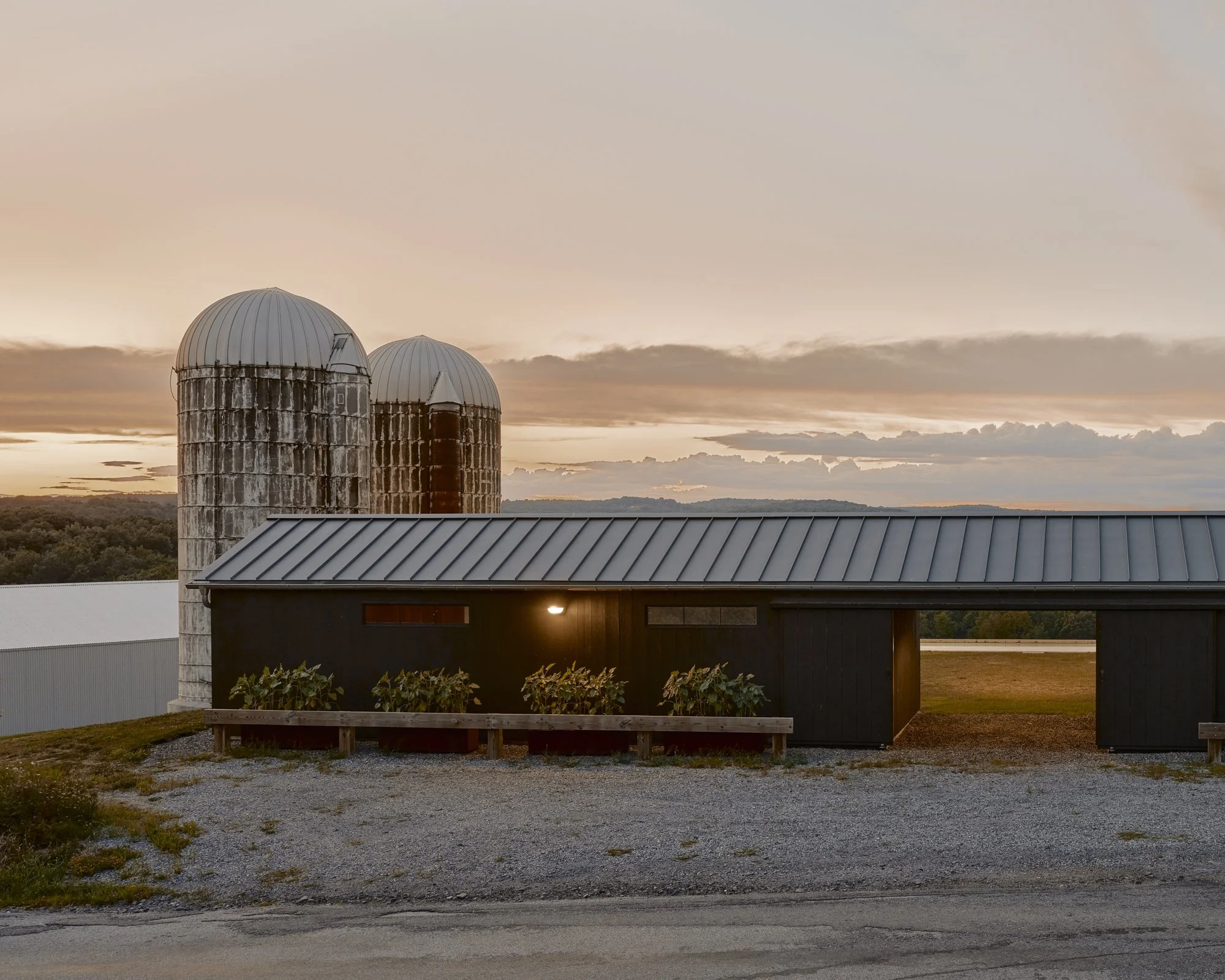 Farm buildings with silos and a barn against a sunset sky.