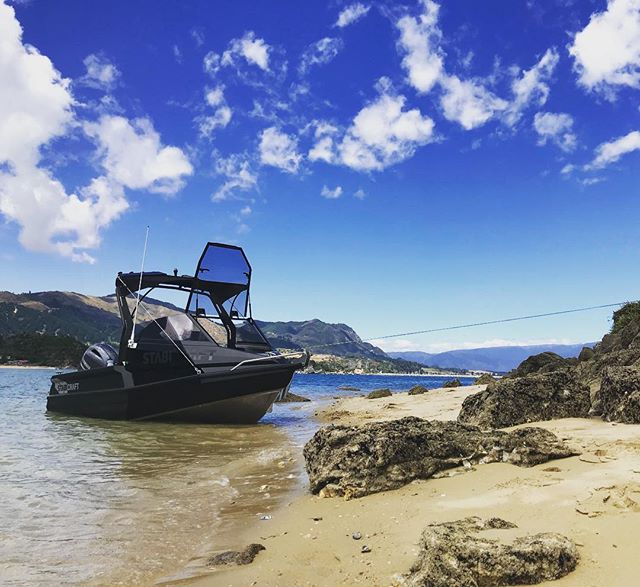 Off exploring the shore for green lipped mussels.  The old boy loved the front hatch so he didn&rsquo;t get his sock and sandals wet.  #westcoastvibes #socknsandals #musselsfortea @stabicraft_marine #stealth1550fisher