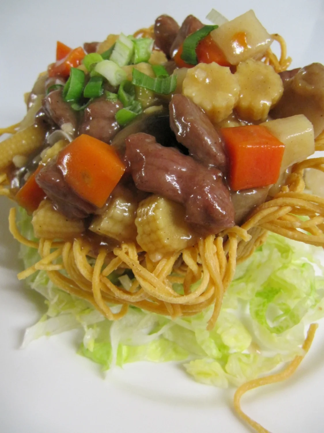 Diced Beef Fillet with Baby Corn,Carrots, Bamboo Shoots served in a Birds Nest.