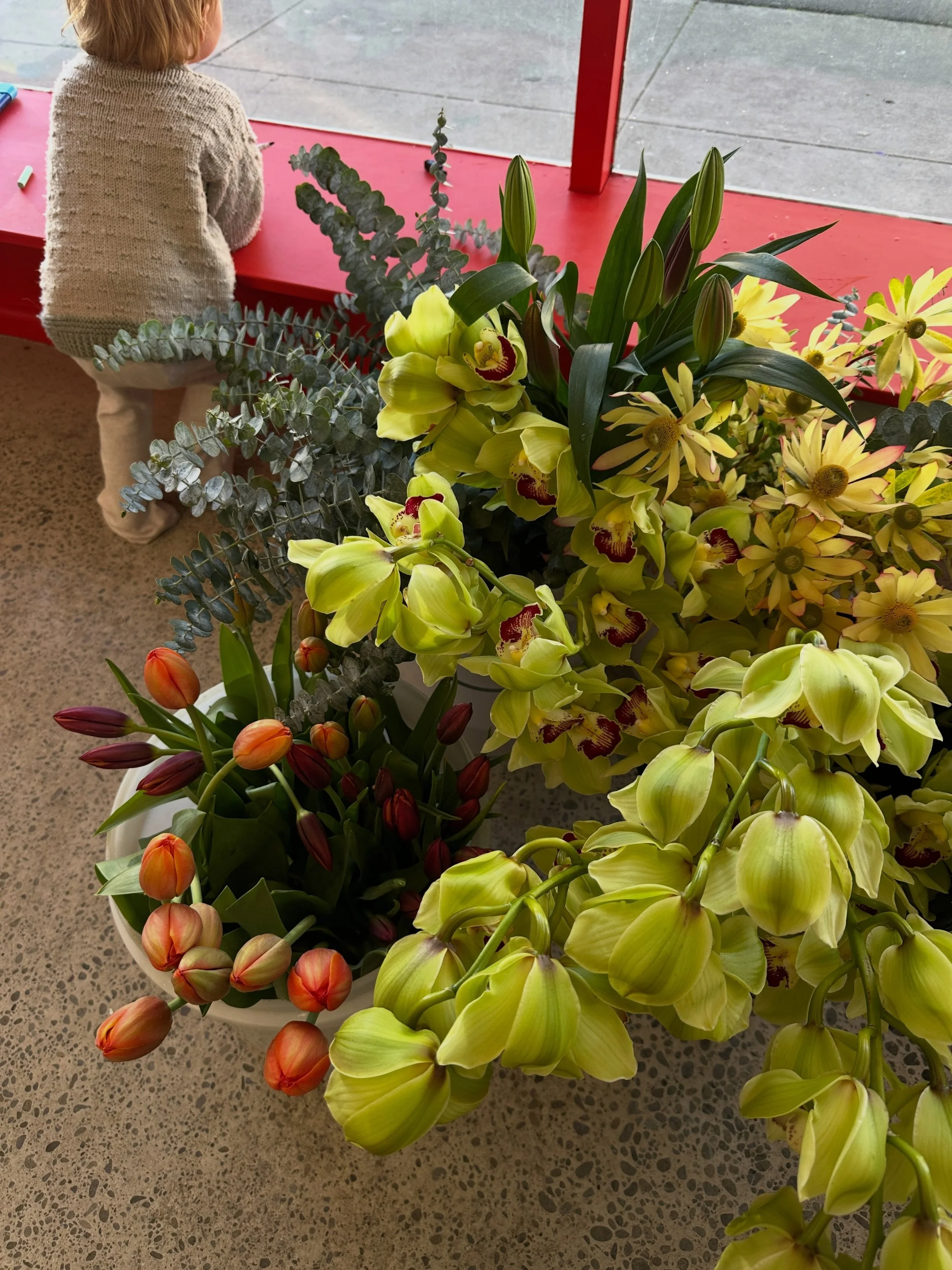 Green cymbidiums, leucadendrons &amp; a little helper 🧡🧡💚💚
