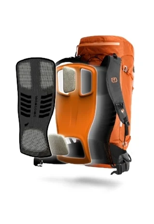 Le dos du sac ortovox peak light 32 et la technologie swisswool-tec-knit back-system