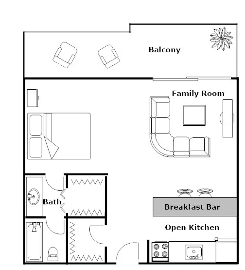 Studio with Open Kitchen and Breakfast Bar