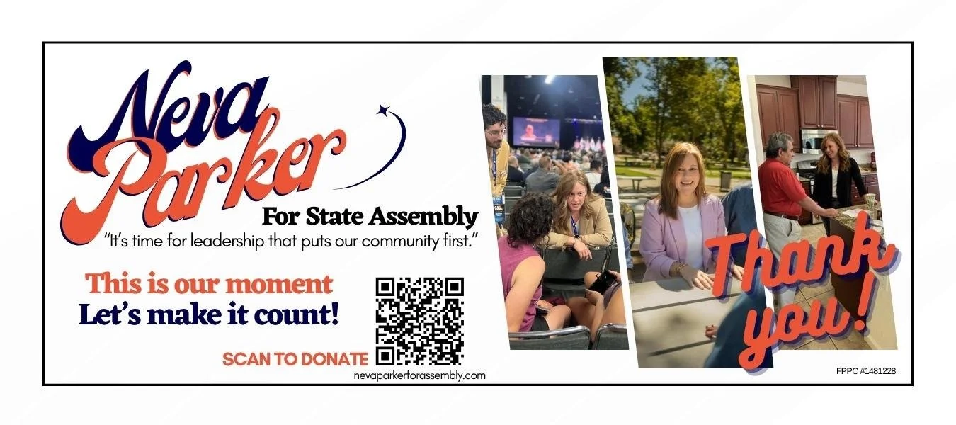 A campaign flyer for Neva Parker running for State Assembly. The flyer features her name in bold, colorful text, a quote about leadership, a call to action to donate, a QR code, and three photos of Neva Parker interacting with community members outdoors and indoors. It also includes a thank you message.