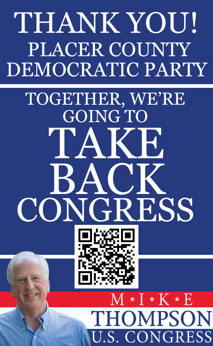 Political campaign sign for Mike Thompson, a U.S. Congress candidate, with a message of thank you and encouragement to take back Congress, featuring a photo of Mike Thompson and a QR code.