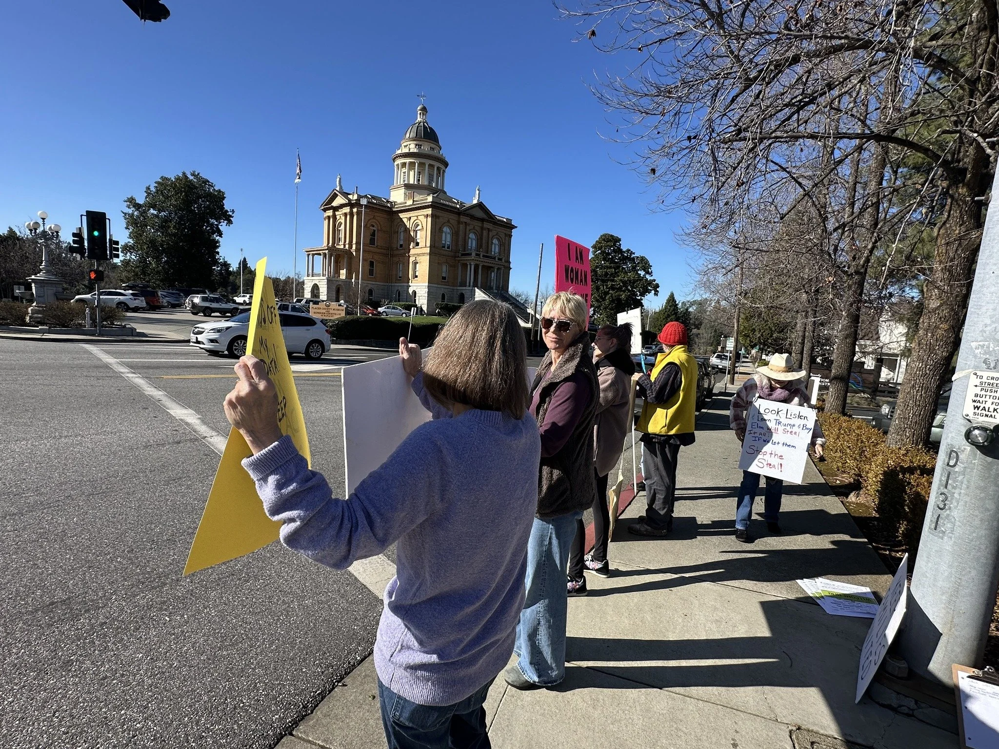 People protesting on a city sidewalk holding signs with messages, with a historic government building and trees in the background on a sunny day.