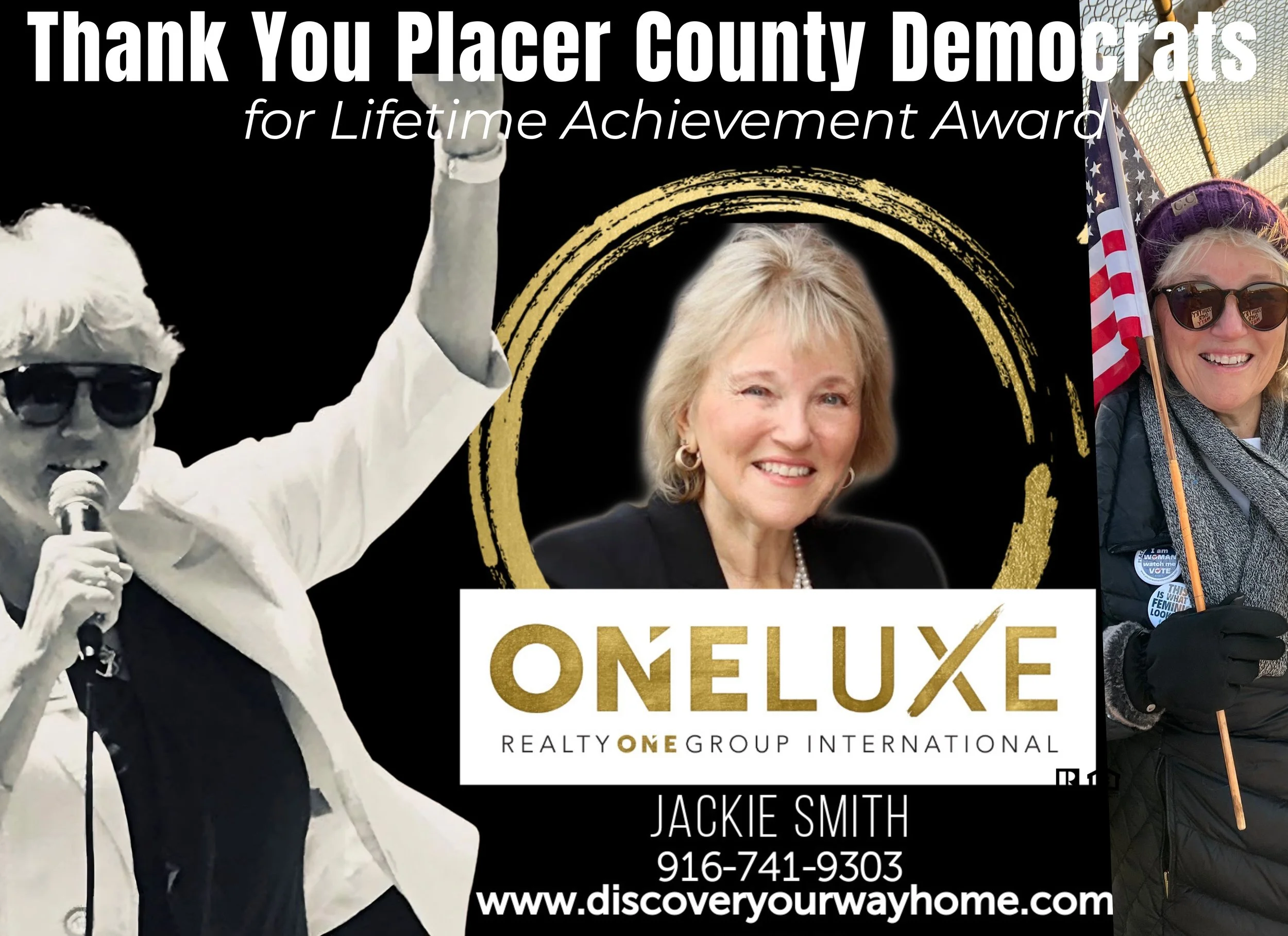 An award recognition banner thanking Placer County Democrats for a Lifetime Achievement Award, featuring a woman speaking at a podium, and two women in outdoor attire holding American flags.