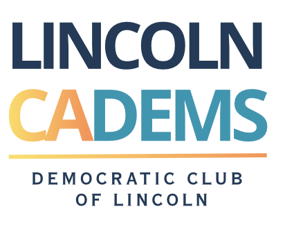 Logo of the Democratic Club of Lincoln with the text 'LINCOLN CADEMS' and 'Democratic Club of Lincoln' underneath.