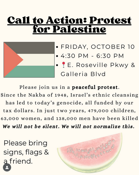 Call to Action: Protest for Palestine. FRIDAY, OCTOBER 10. 4:30 PM - 6:30 PM.  Roseville Pkwy & Galleria Blvd.
