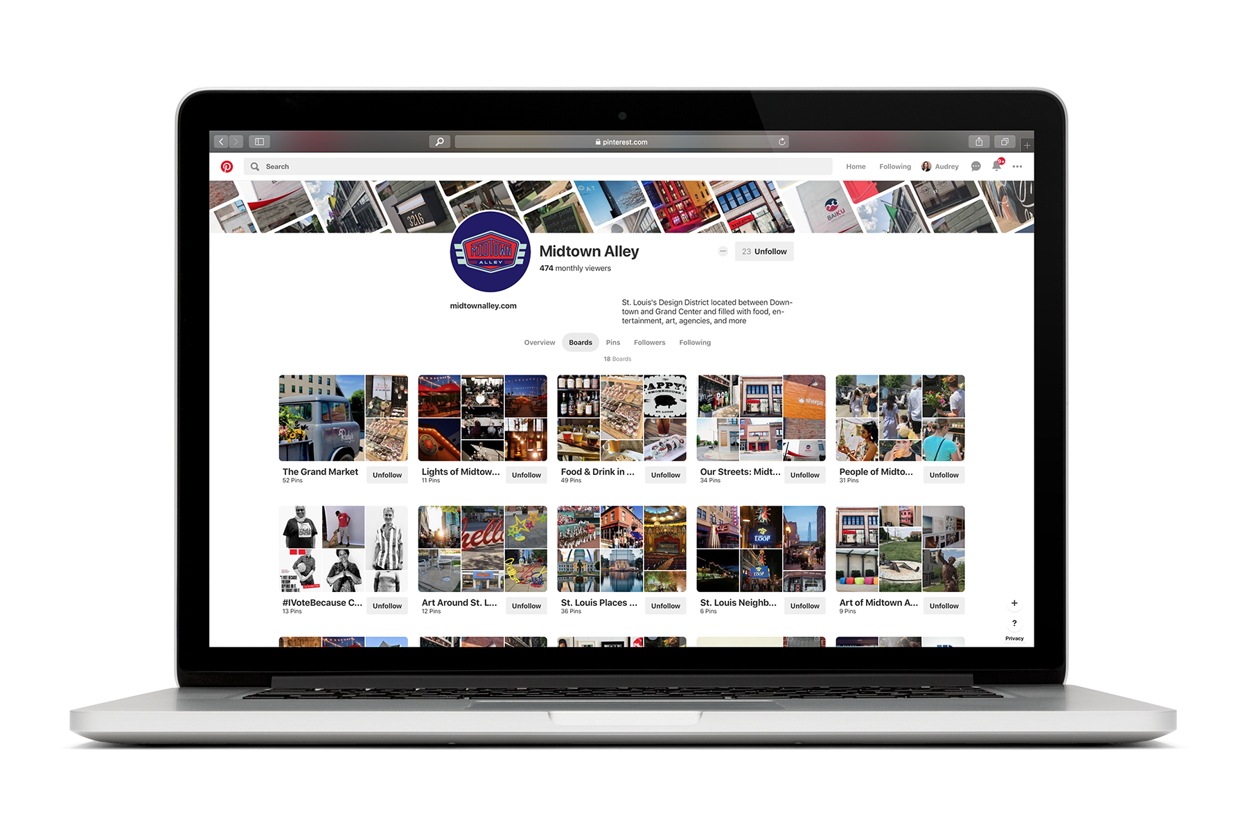 I also used Pinterest to post photos and link to the Midtown Alley website and Instagram.