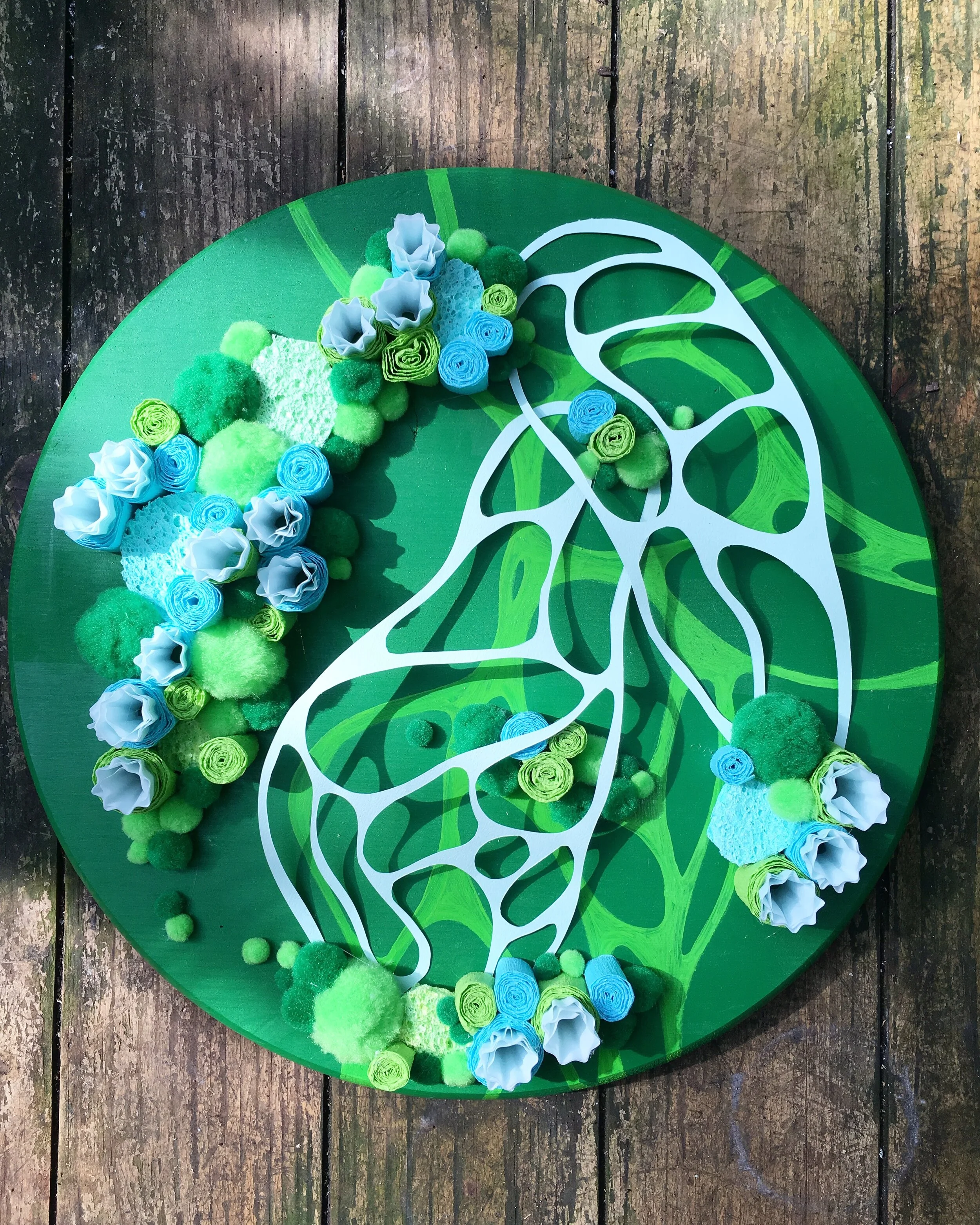   Petri Dish No.3,  2018  mixed media and cut paper on wood panel 