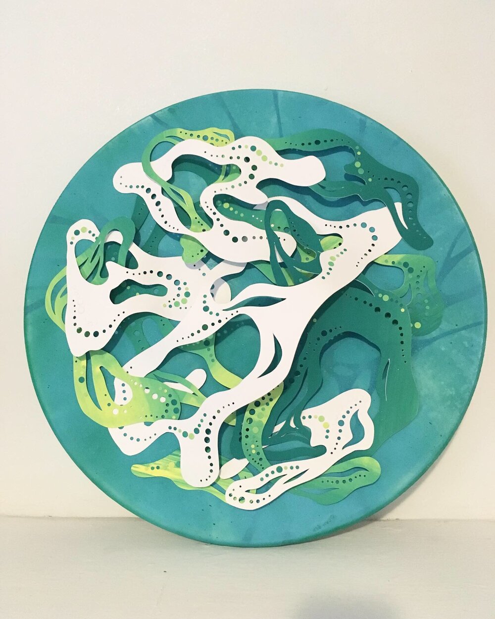   Petri Dish No.4: Algae,  2019  cut paper and screen printed cut paper on wood panel 