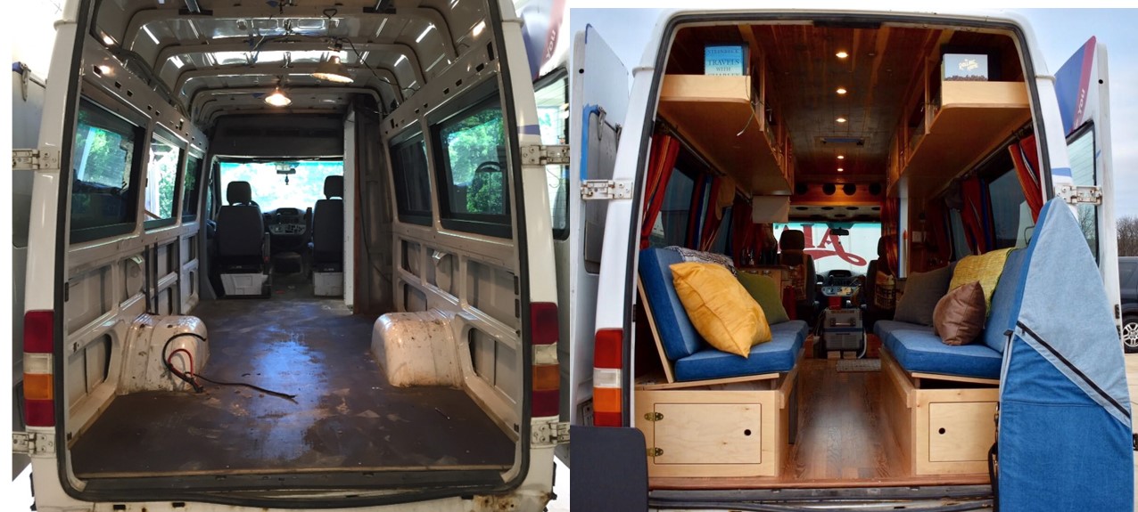 Before and after of our Sprinter van conversion.
