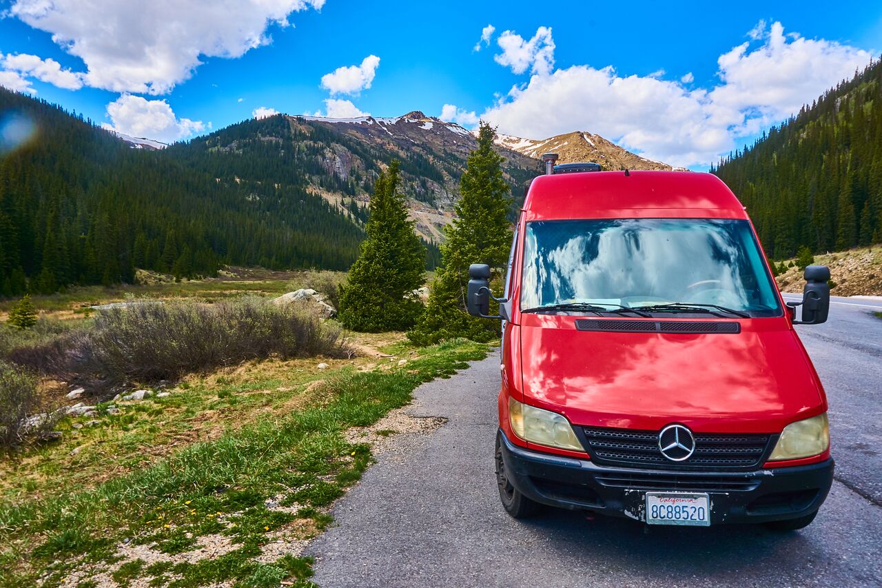 Clifford on the road in Colorado, on our way to South Carolina from California