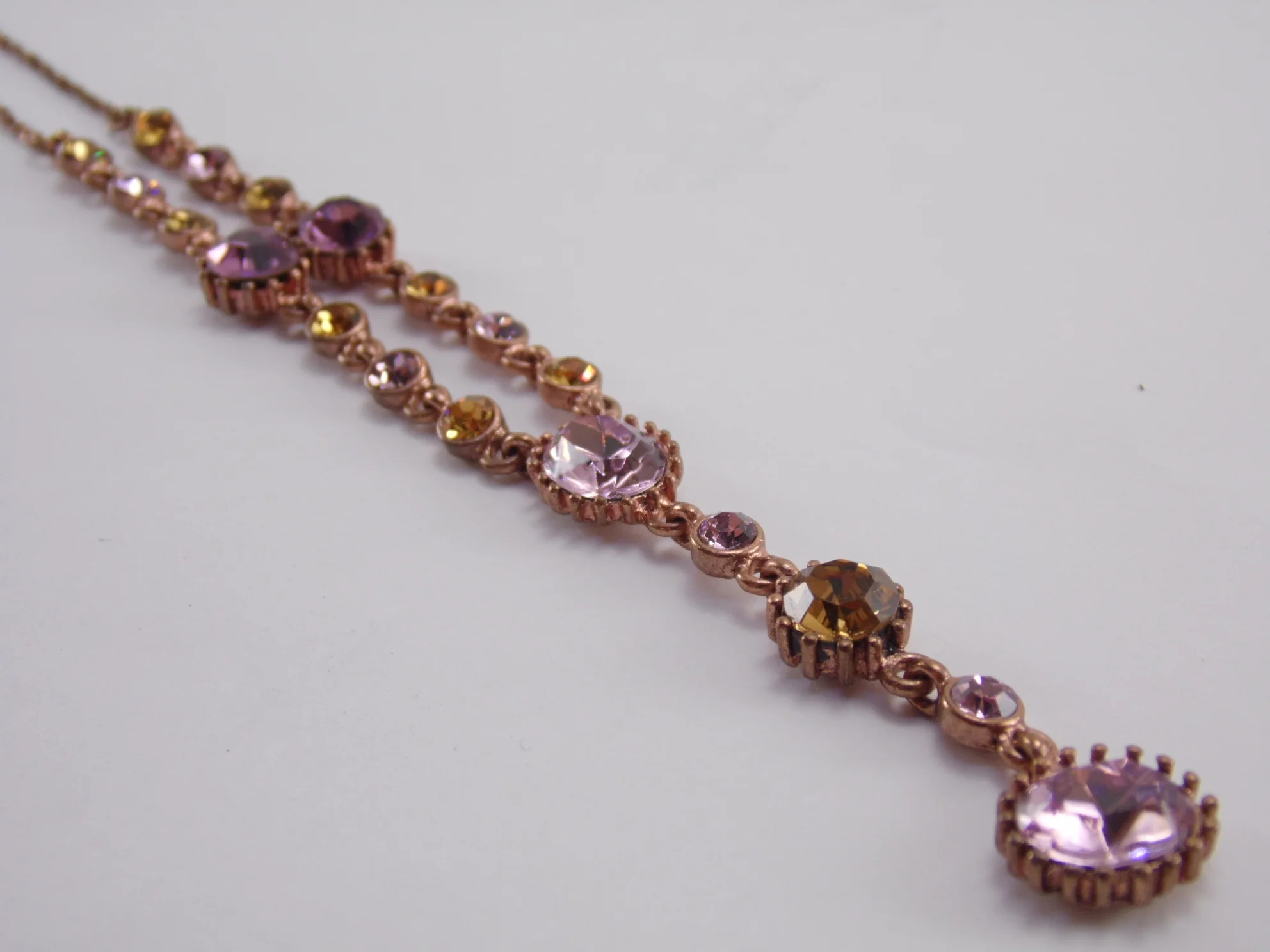 Vintage "1928" Coppertone Y Necklace Acrylic Amethyst and Citrine Colored Rhinestone Necklace