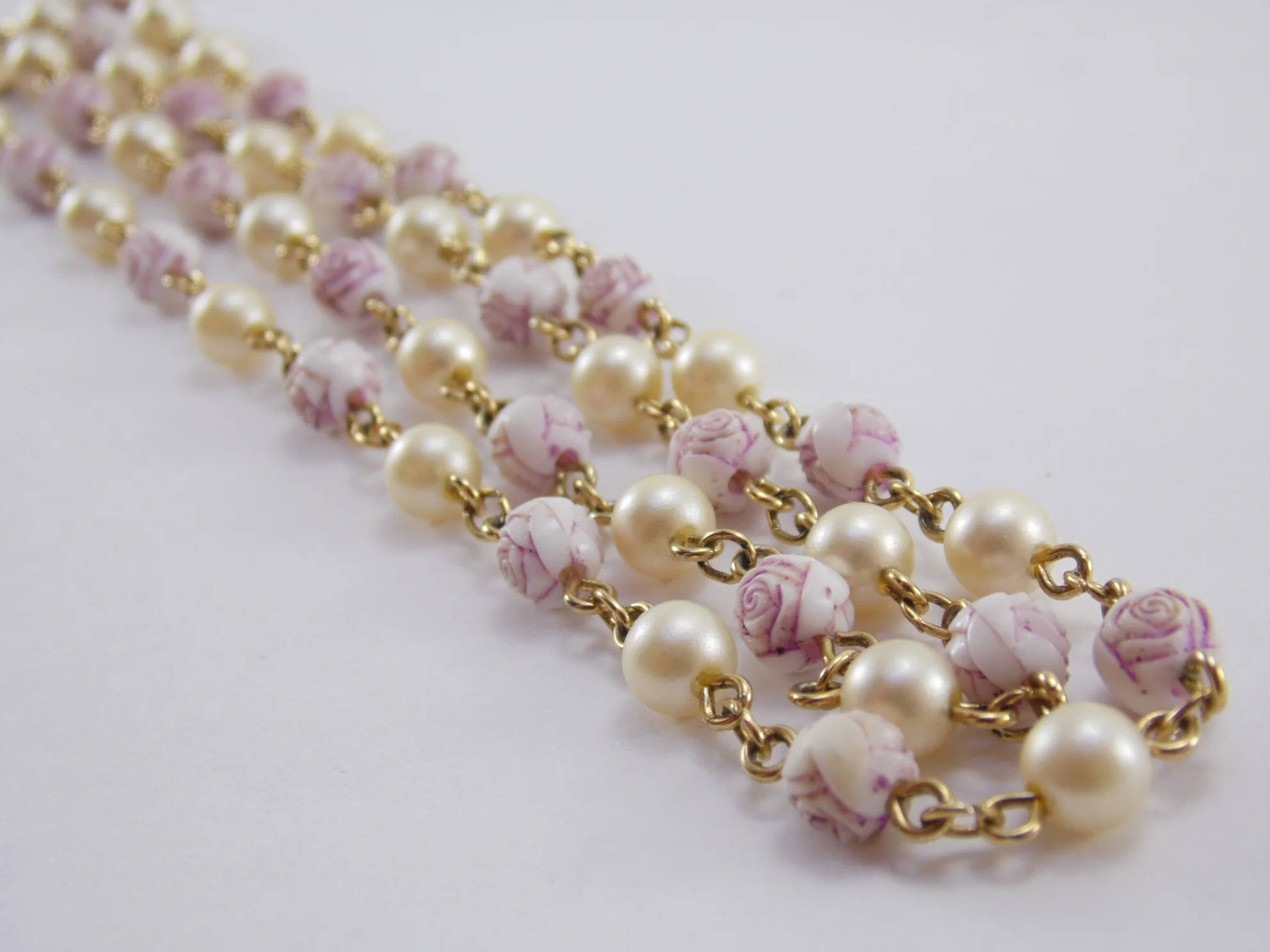 Vintage Signed "Park Lane" Faux Pearl Rose Flower Floral Motif 48 Bead Single Strand Beaded Necklace