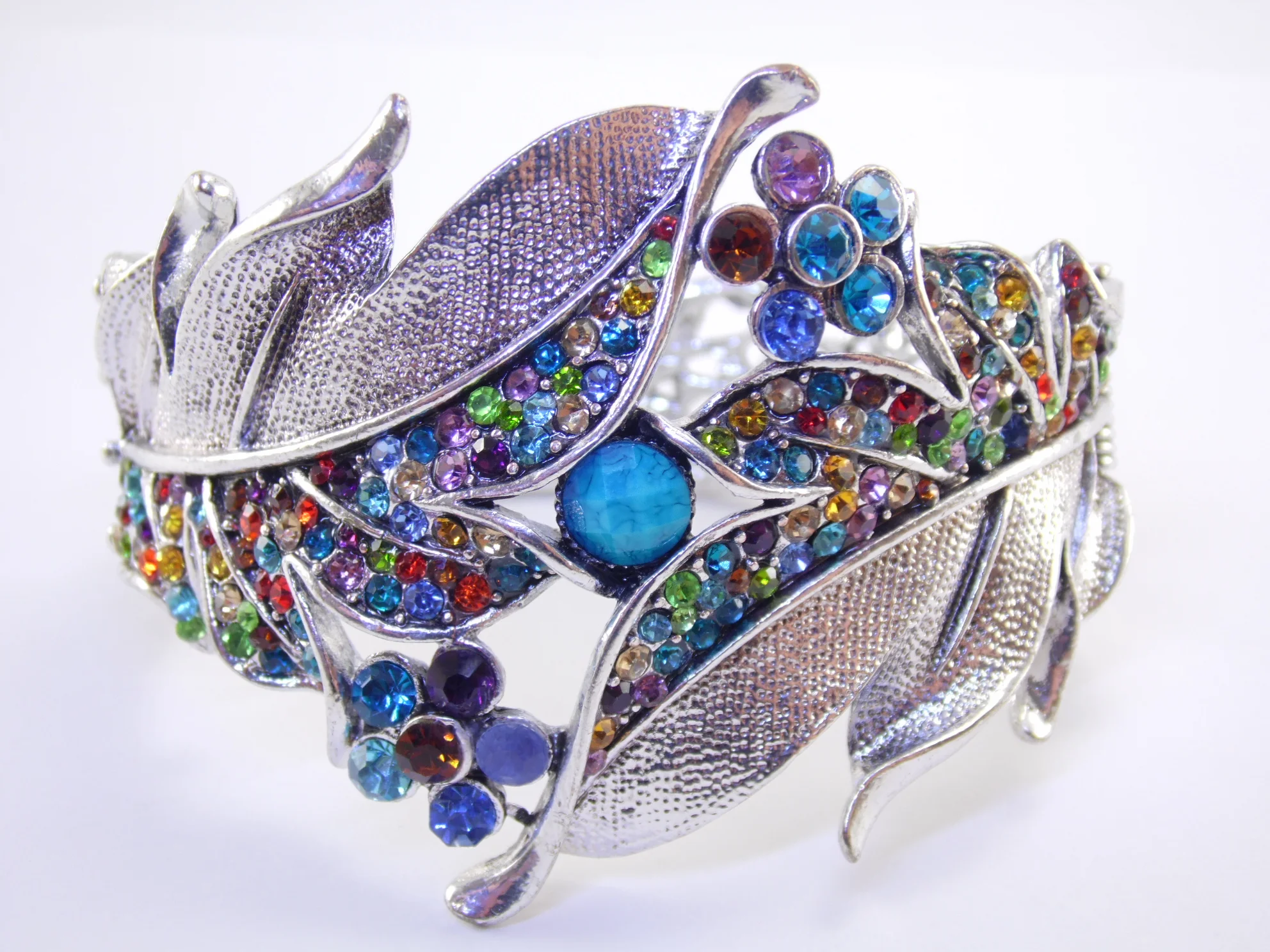 Vintage Inspired Succulent Silvertone Leaf Motif Multicolor Rhinestone Hinged Cuff Bangle Bracelet